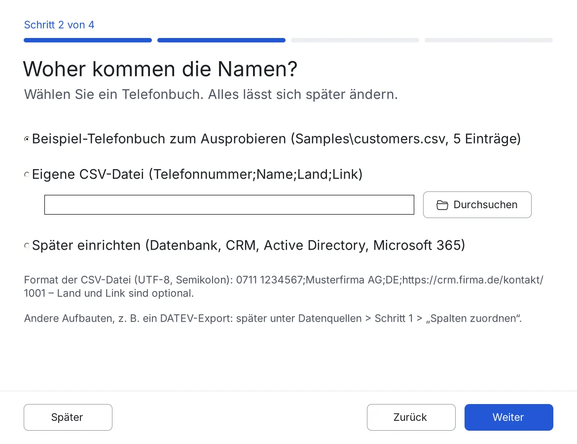 Einrichtungsassistent, Schritt 2: Auswahl, woher die Namen kommen.