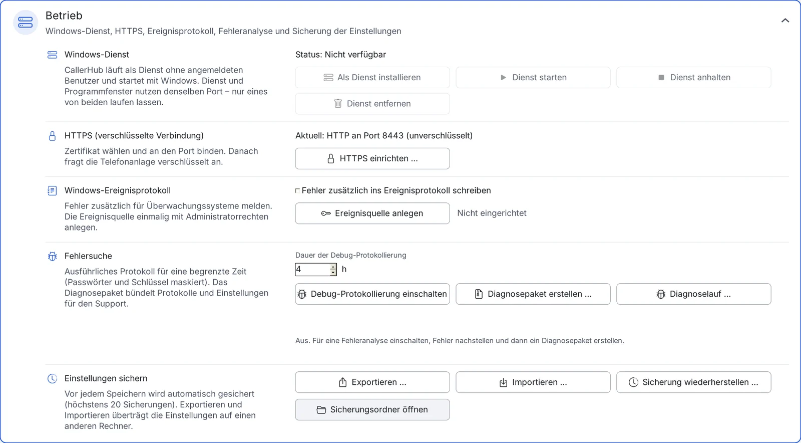 Karte Betrieb mit Windows-Dienst, HTTPS, Ereignisprotokoll, Fehlersuche und Sicherung.