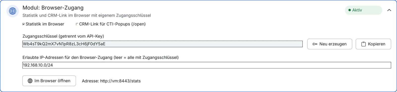 Karte Modul Browser-Zugang mit Zugangsschlüssel und erlaubten IP-Adressen.