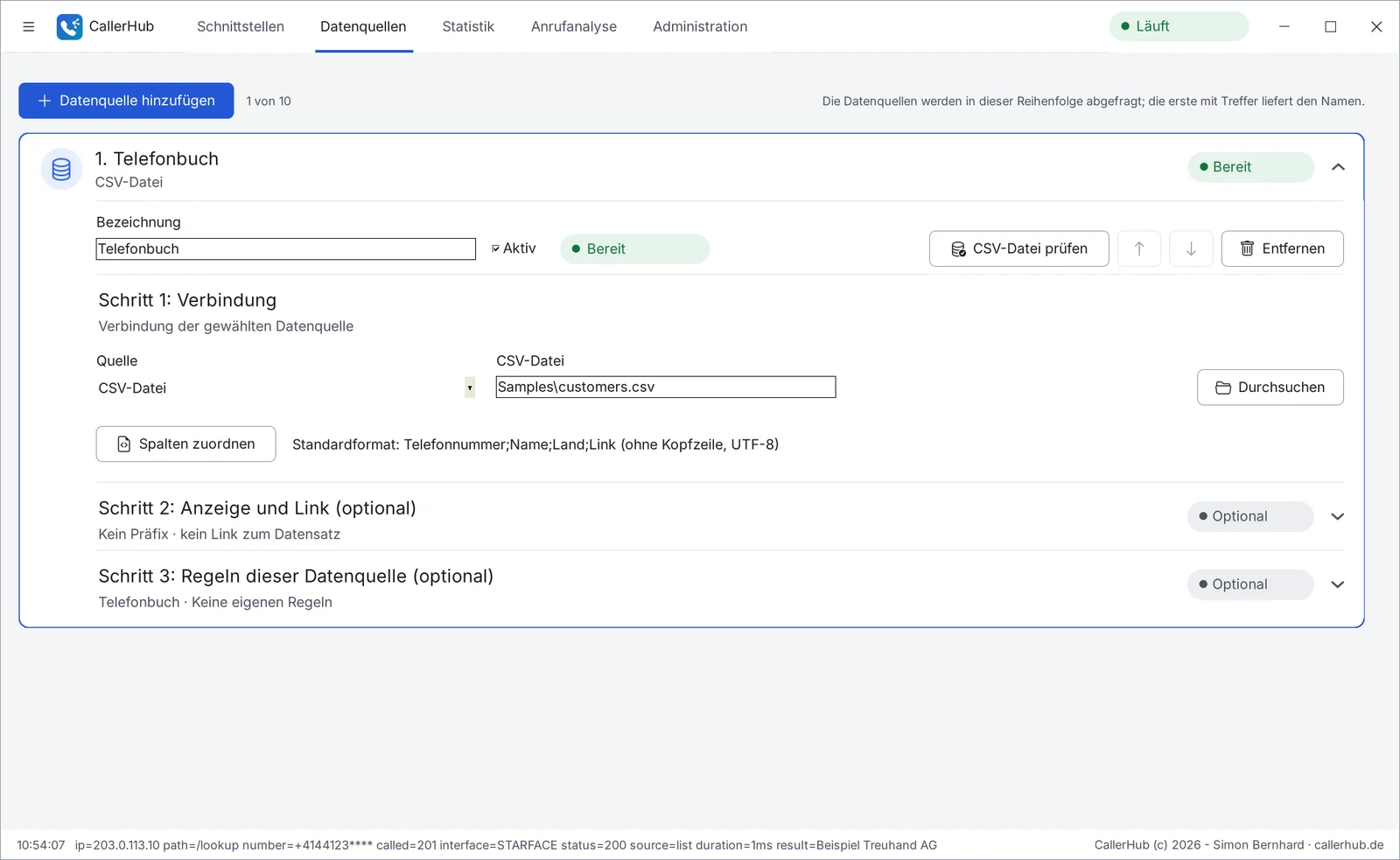 Einstellungen einer Datenquelle mit aufgeklappter Karte für eine CSV-Datei.