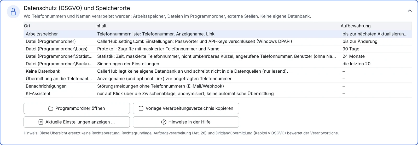 Datenschutz-Übersicht in der Administration mit Speicherorten nach den aktuellen Einstellungen.