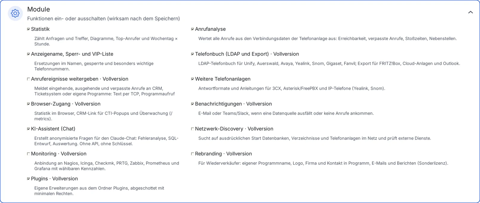 Liste der Module mit Kurzbeschreibung.