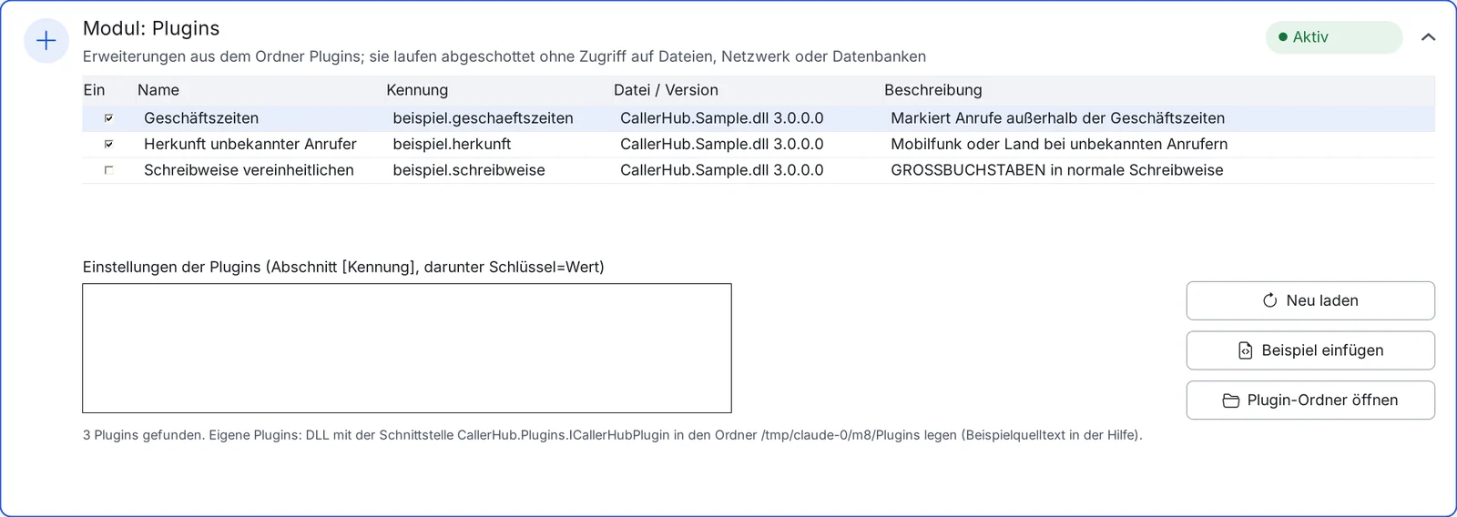 Karte Modul Plugins mit gefundenen Plugins und Einstellungen.