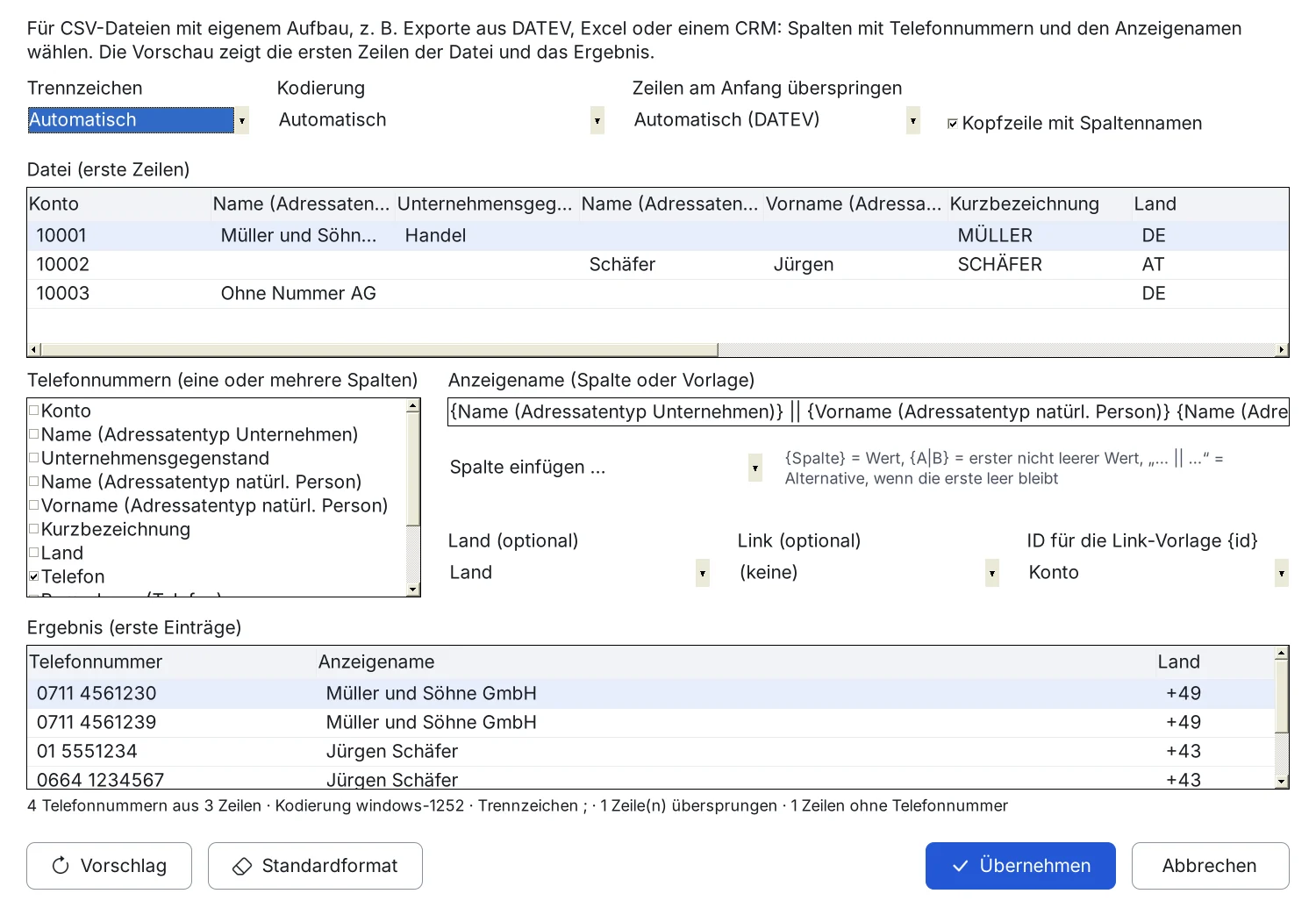 Dialog Spalten zuordnen mit einer Datei im Aufbau eines DATEV-Exports.